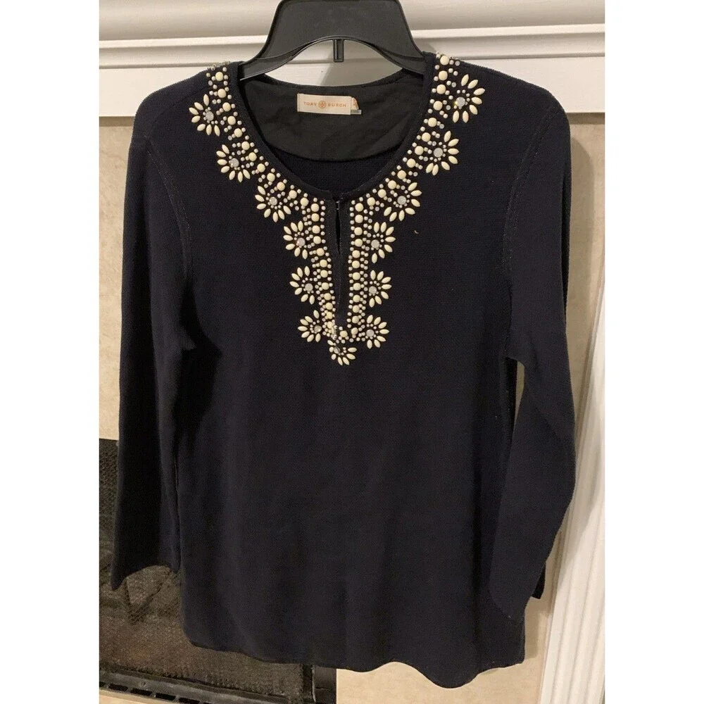 Tory Burch Embellished Black Sweater Tunic Beaded Floral  Size M Cotton